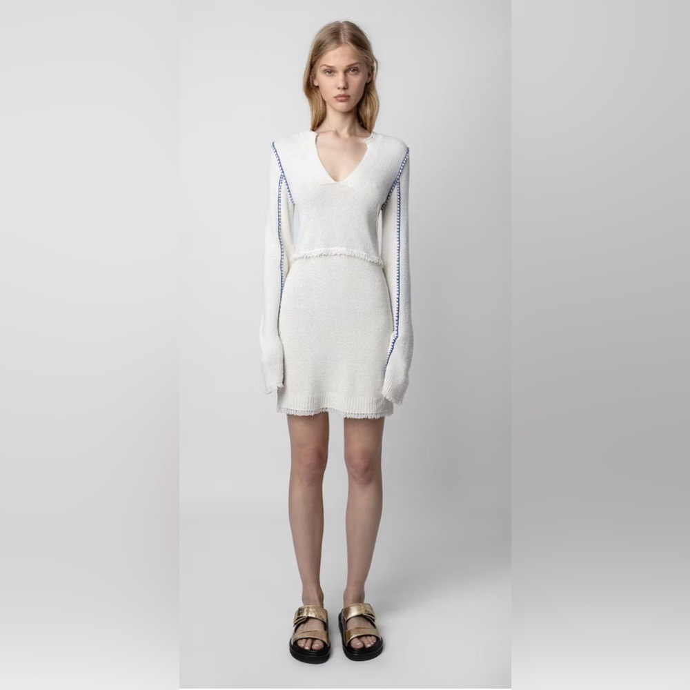 ZADIG & VOLTAIRE NWT Hiko Frayed Trim Silk Blend Ecru And Blue Minidress - Picture 2 of 15